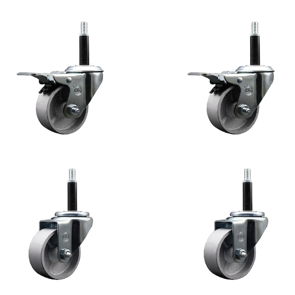 3'' Semi Steel Swivel 3/4'' Expanding Stem Caster Set 2 Total Lock Brakes, 4PK